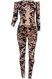 Leopard Drawsting Foldding A Word Shoulder Hollow Out Long Sleeve Bodycon Jumpsuits JZH8076