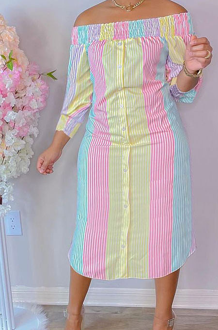 Pink Yellow Euramerican Women Sexy Fashion A Word Shoulder Irregular Multicolor Long Sleeve Midi DressK2151-1