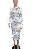 Light Blue Casual Polyester Tie Dye Sleeveless Round Neck Ruffle Mid Waist Shift Dress LD8740