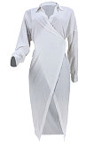 White Women Pure Color Bandage Split Midi Dress  T Shirt/Shirt Dress JZH8078