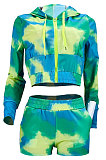 Green Casual Sport Long Sleeve Zipper Hoodie Drawsting Coat Pocket Shorts Sets JZH8073