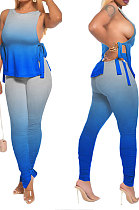 Dark Blue Women Casual Sleeveless Tied Gradual Change Pants Sets AYQ8003-3