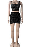 Black Fashion Sexy Condole Belt Hot Drilling Deep V Neck Slim Fitting Irregular Skirts Sets K2148-1