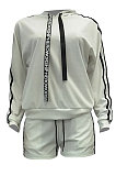 White Euramerican Women Fashion Sexy Solid Color Ribbon Long Sleeve Hoodie Shorts Sets T3382