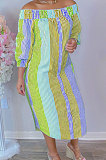 Pink Green Euramerican Women Sexy Fashion A Word Shoulder Irregular Multicolor Long Sleeve Midi Dress K2151-4