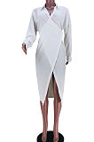 White Women Pure Color Bandage Split Midi Dress  T Shirt/Shirt Dress JZH8078