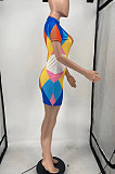 Violet Printing Fashion Short Sleeve Multicolor Spliced Mini Dress AYL88802-2