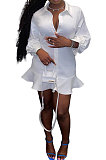 White Women Button Sexy Solid Color Long Sleeve Flounce T Shirt/Shirt Dress JZH8077