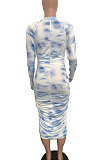 Light Blue Casual Polyester Tie Dye Sleeveless Round Neck Ruffle Mid Waist Shift Dress LD8740