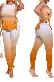 Orange Women Casual Sleeveless Tied Gradual Change Pants Sets AYQ8003-2