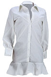 White Women Button Sexy Solid Color Long Sleeve Flounce T Shirt/Shirt Dress JZH8077