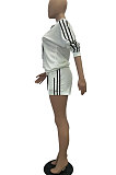 White Euramerican Women Fashion Sexy Solid Color Ribbon Long Sleeve Hoodie Shorts Sets T3382
