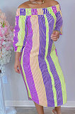 Pink Yellow Euramerican Women Sexy Fashion A Word Shoulder Irregular Multicolor Long Sleeve Midi DressK2151-1
