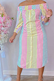 Pink Green Euramerican Women Sexy Fashion A Word Shoulder Irregular Multicolor Long Sleeve Midi Dress K2151-4