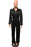 Blackish Green Fashion Long Sleeve Lapel Collar Solid Color With Waistband Wide Leg Jumpsuits OMY80035-7