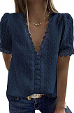 Blue Chiffon Pure Color Jacpuard Short Sleeve V Neck Loose Fashion Blouse MDO9986-5