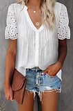 Black Summer Lace Short Sleeve V Collar Ruffle Loose Single-Breasted Shirts MDO202108-2