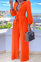 Orange Fashion Long Sleeve Lapel Collar Solid Color With Waistband Wide Leg Jumpsuits OMY80035-3