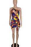 Colorful Euramerican Women Sexy Club Dress One Shoulder Printing Hollow Out Mini Dress SH7278-1