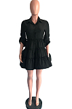 Black Casual Solid Color Long Sleeve Lapel Neck Single-Breasted Shirt Dress OMY0022-4
