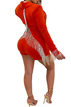 Red Euramerican Women Solid Color Back Deep V Split Tassel Casual Turn-Down Collar Shorts Sets RB3042-2