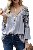 Black New Lece Hook Flower Embroidered Hollow Out Horn Sleeve V Neck Loose Shirts MDO1740-3