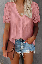 Pink Summer Lace Short Sleeve V Collar Ruffle Loose Single-Breasted Shirts MDO202108-3