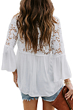 White New Lece Hook Flower Embroidered Hollow Out Horn Sleeve V Neck Loose Shirts MDO1740-1