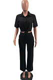 Black New Pure Color Short Sleeve Lapel Neck Single-Breasted Shirt Shift Pants Two-Piece OMY0026-2