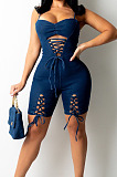 Blue New Women Bandage Condole Belt Strapless Zipper Slim Fitting Romper Shorts LA3290