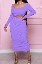 Purple Fashion Women Pure Color Long Sleeve Backless Split Skirts Sets NL6088-2