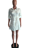 White Casual Solid Color Long Sleeve Lapel Neck Single-Breasted Shirt Dress OMY0022-1