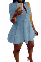 Sky Blue Casual Solid Color Long Sleeve Lapel Neck Single-Breasted Shirt Dress OMY0022-6