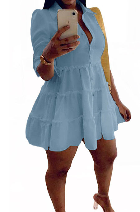 Sky Blue Casual Solid Color Long Sleeve Lapel Neck Single-Breasted Shirt Dress OMY0022-6