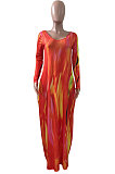 Red Women Printing Long Sleeve Pocket Mid Waist Loose Long Dress NK258-1