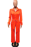 Yellow Fashion Long Sleeve Lapel Collar Solid Color With Waistband Wide Leg Jumpsuits OMY80035-1