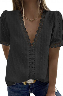 Black Chiffon Pure Color Jacpuard Short Sleeve V Neck Loose Fashion Blouse MDO9986-2