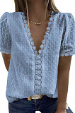 Navy Blue Chiffon Pure Color Jacpuard Short Sleeve V Neck Loose Fashion Blouse MDO9986-4