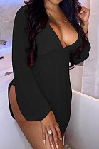 Black Women Sexy Club High Split Long Sleeve Solid Color Mini Dress SMY8108-2