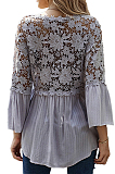 White New Lece Hook Flower Embroidered Hollow Out Horn Sleeve V Neck Loose Shirts MDO1740-1