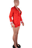 Red Euramerican Women Solid Color Back Deep V Split Tassel Casual Turn-Down Collar Shorts Sets RB3042-2