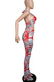 Red Euramerican Women Printing Sexy Strapless Cross Bandage Backless Tiny Flared Bodycon Jumpsuits LML228-1