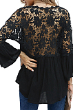 Black New Lece Hook Flower Embroidered Hollow Out Horn Sleeve V Neck Loose Shirts MDO1740-3
