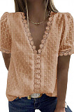 Khaki Chiffon Pure Color Jacpuard Short Sleeve V Neck Loose Fashion Blouse MDO9986-7