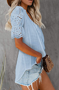 Blue Summer Lace Short Sleeve V Collar Ruffle Loose Single-Breasted Shirts MDO202108-4