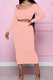 Purple Fashion Women Pure Color Long Sleeve Backless Split Skirts Sets NL6088-2