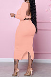 Orange Fashion Women Pure Color Long Sleeve Backless Split Skirts Sets NL6088-1