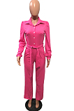 Rose Red Fashion Long Sleeve Lapel Collar Solid Color With Waistband Wide Leg Jumpsuits OMY80035-2