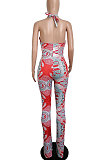 Red Euramerican Women Printing Sexy Strapless Cross Bandage Backless Tiny Flared Bodycon Jumpsuits LML228-1