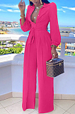 Orange Fashion Long Sleeve Lapel Collar Solid Color With Waistband Wide Leg Jumpsuits OMY80035-3